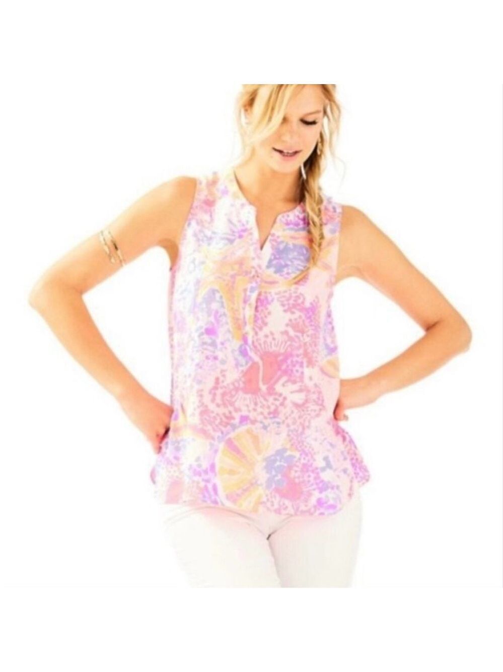 Lilly Pulitzer 100% Silk Kery Blouse, Paradise Bohemian Beach, Size S Floral